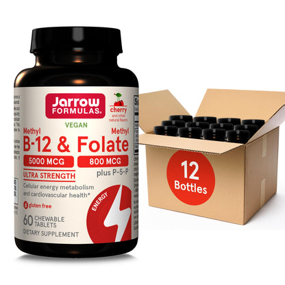Jarrow Formulas Ultra Strength Methyl B-12 5000 mcg & Methyl Folate 800 mcg + P-5-P, Dietary Supplement for Cellular Energy Metabolism and Cardiovascular Support, 60 Chewable Tablets, 60 Day Supply - Nirvana Guru