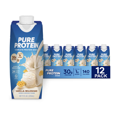 Pure Protein Vanilla Protein Shake, 30g Complete Protein, Vitamins A, C, D, and E plus Zinc to Support Immune Health, Ready to Drink and Keto-Friendly, 11oz Bottles, 12 Pack Nirvana Guru