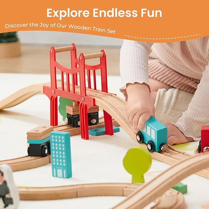 Tiny Land Wooden Train Set for Toddler - 39 Pcs- with Wooden Tracks Compatible with Major Brands - Expandable, Changeable-Train Toy for 3 4 5 Years Old Girls & Boys nirvanaguru