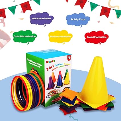 unanscre 31PCS 3 in 1 Carnival Outdoor Games Combo Set for Kids, Soft Plastic Cones Bean Bags Ring Toss Game, Gift for Birthday Party/Xmas nirvanaguru