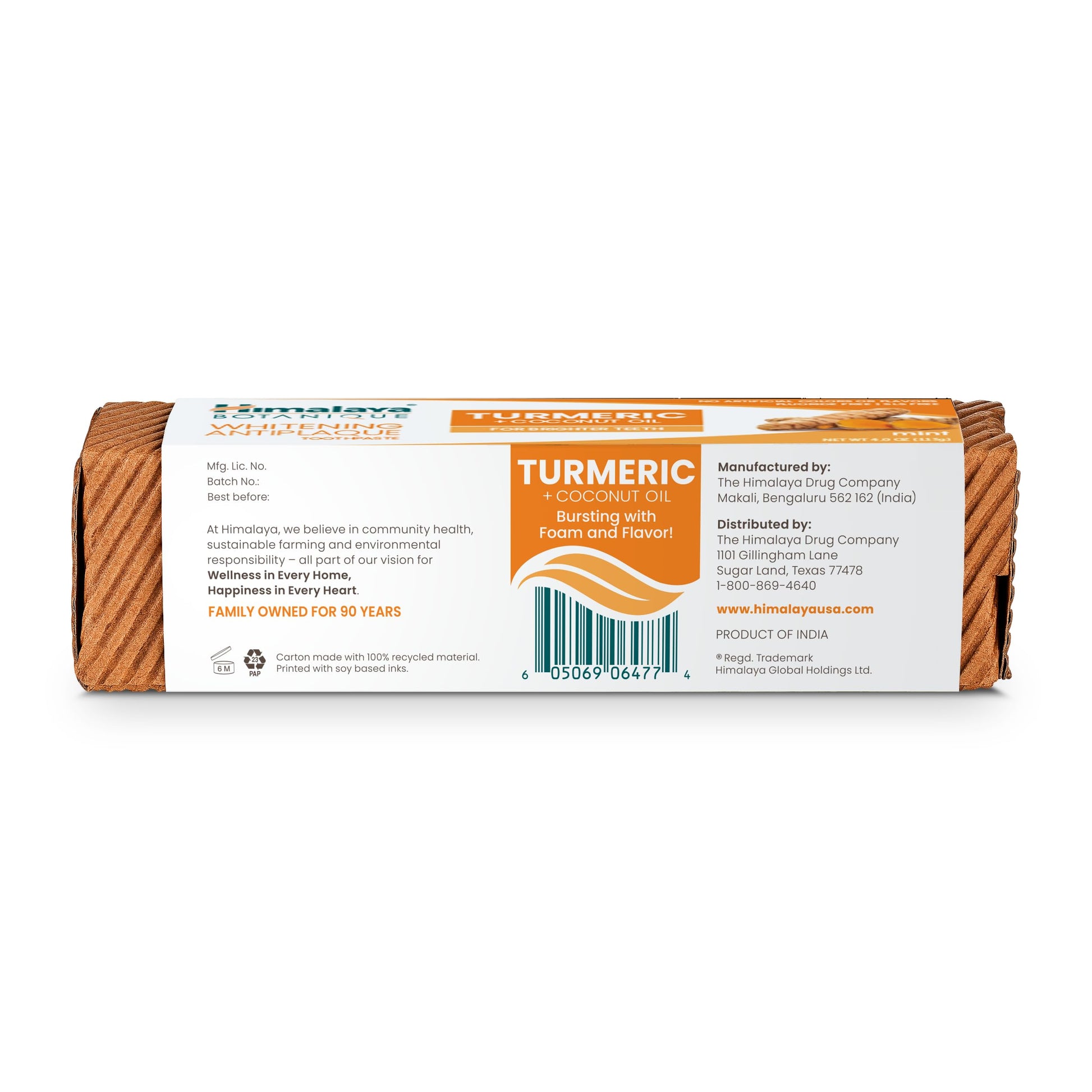Himalaya Botanique Turmeric & Coconut Oil Whitening Antiplaque Herbal Toothpaste, Whitens Teeth, Fluoride Free, No Artificial Flavors, SLS Free, Vegan, Cruelty Free, Foaming, Mint Flavor, 4 Oz, 1 Pack - Nirvana Guru