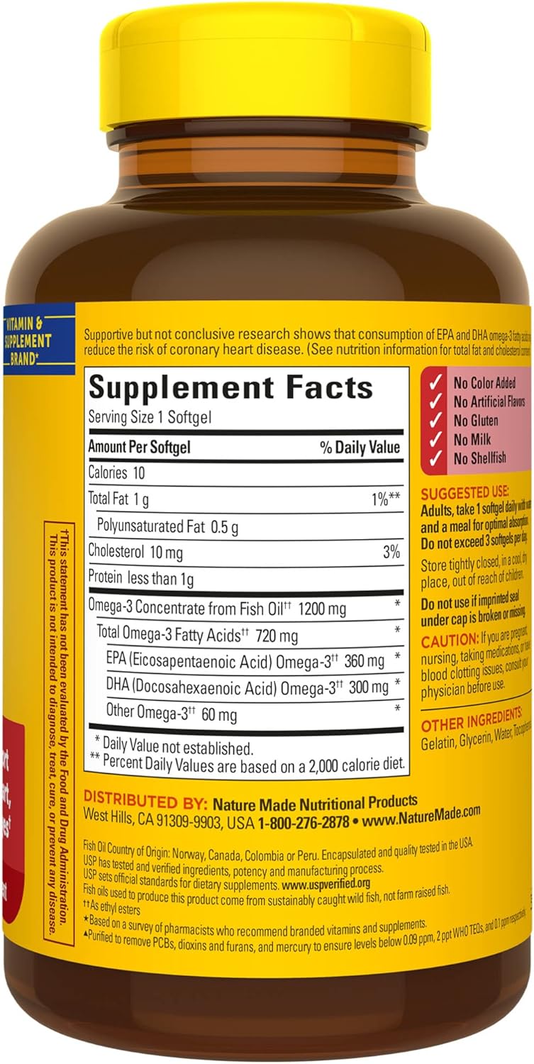 Nature Made Burp Less Ultra Omega 3 Fish Oil Supplements, 1400mg Fish Oil Omega 3 Supplements as Ethyl Esters for Healthy Heart Brain Eyes Support, One Per Day, 90 Softgels - Nirvana Guru