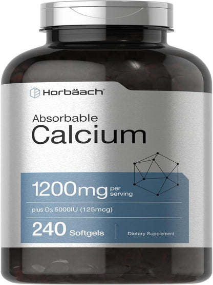 Horbäach Calcium 1200 mg with Vitamin D3 | 240 Softgels | 5000 IU Vitamin D3 | Absorbable Calcium Supplement | Non-GMO, Gluten Free Calcium Supplement Nirvana Guru