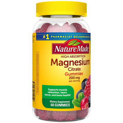 Nature Made High Absorption Magnesium Citrate 200 mg per serving, Magnesium Supplement for Muscle, Nerve, Bone and Heart Support, 60 Magnesium Gummies, 30 Day Supply - Nirvana Guru