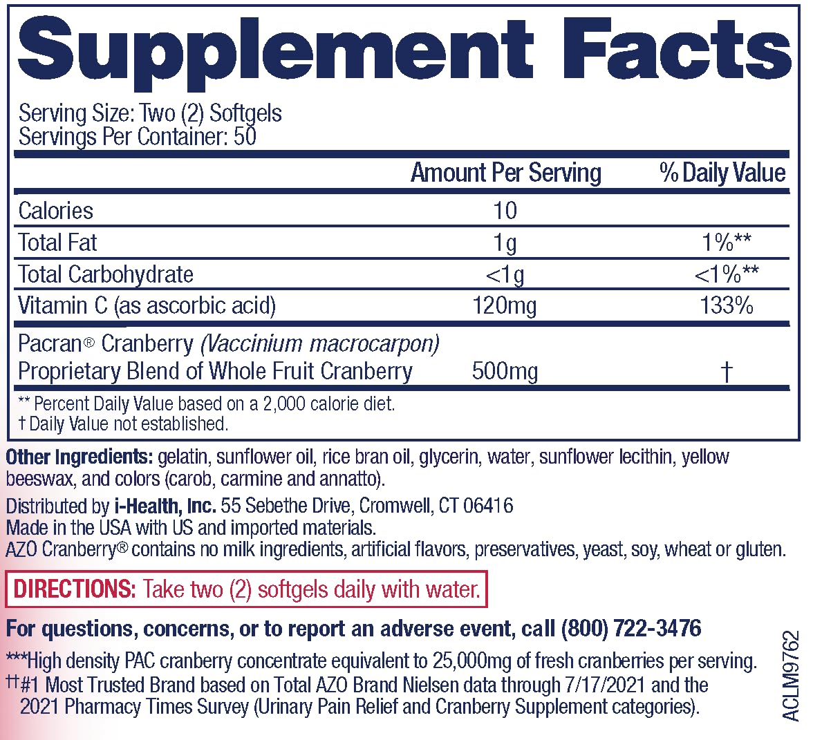 AZO Cranberry Supplement, Made with Concentrated Whole Fruit Cranberry Powder to Help Cleanse and Protect the Urinary Tract*, Sugar Free Cranberry Pills, Non-GMO, 100 Softgels