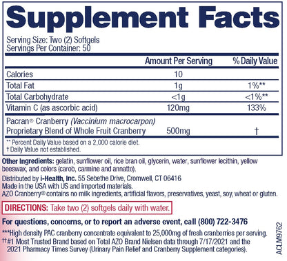 AZO Cranberry Supplement, Made with Concentrated Whole Fruit Cranberry Powder to Help Cleanse and Protect the Urinary Tract*, Sugar Free Cranberry Pills, Non-GMO, 100 Softgels