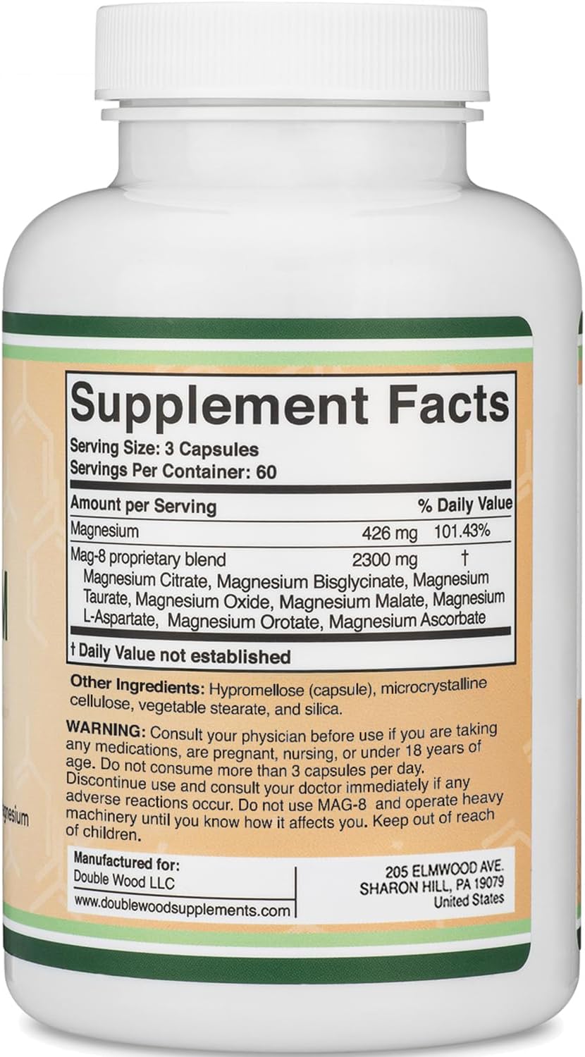 Magnesium Complex Supplement 180 Capsules (426mg Elemental Magnesium Provided by 2,300mg of Eight Different Forms of Magnesium) MAG-8 Provides 100% Daily Recommended Value of Magnesium by Double Wood Nirvana Guru