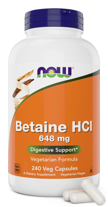 NOW Foods Supplements, Betaine HCl 648 mg, Vegetarian Formula, Digestive Support*, 120 Veg Capsules - Nirvana Guru