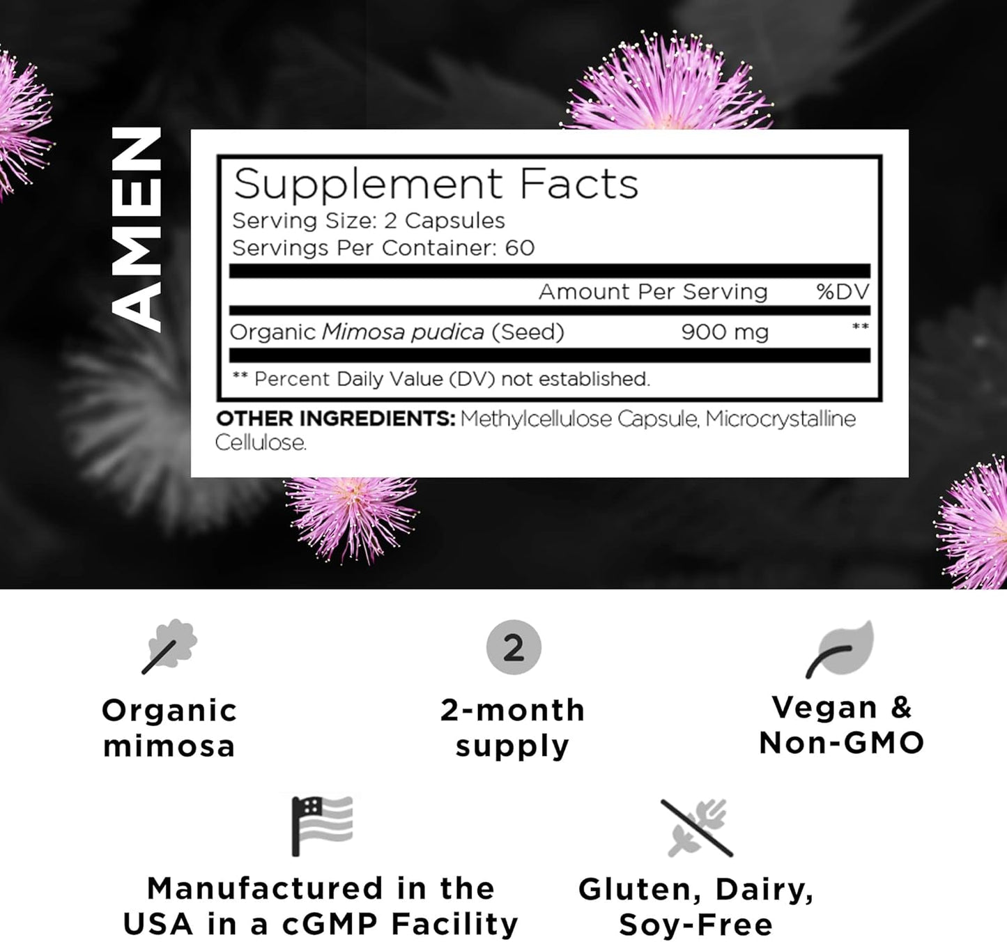 Amen Organic Mimosa Pudica Seeds Capsules, 2 Month Supply, Vegan Mimosa Pudica Seed Plant Supplement - Mimosine Sensitive Plant Pills - Fat Soluble Dietary Supplement - Non-GMO & Vegan - 120 Capsules Nirvana Guru