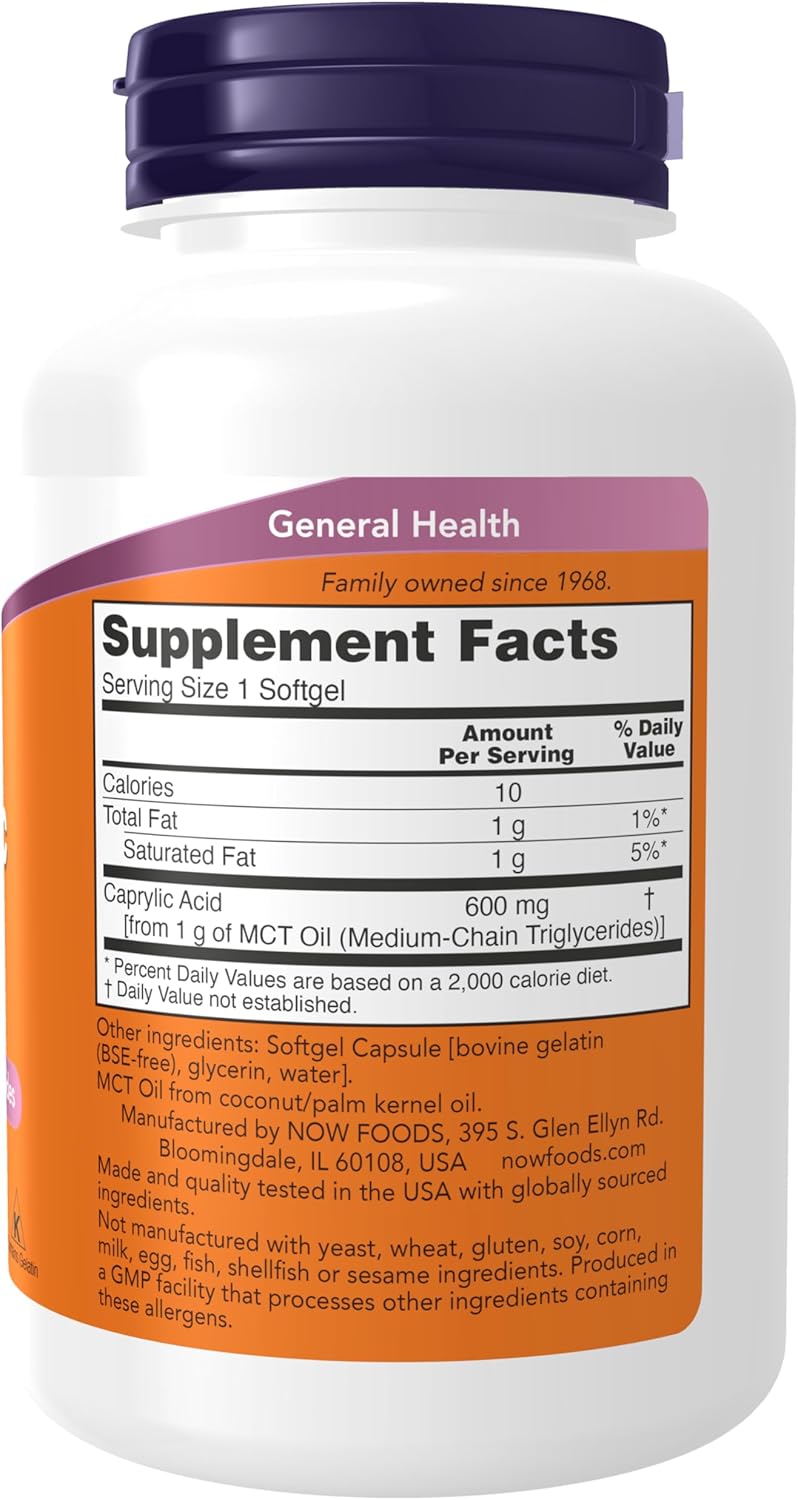 NOW Foods Supplements, Caprylic Acid 600 mg, MCT (Medium-Chain Triglycerides), 100 Softgels - Nirvana Guru