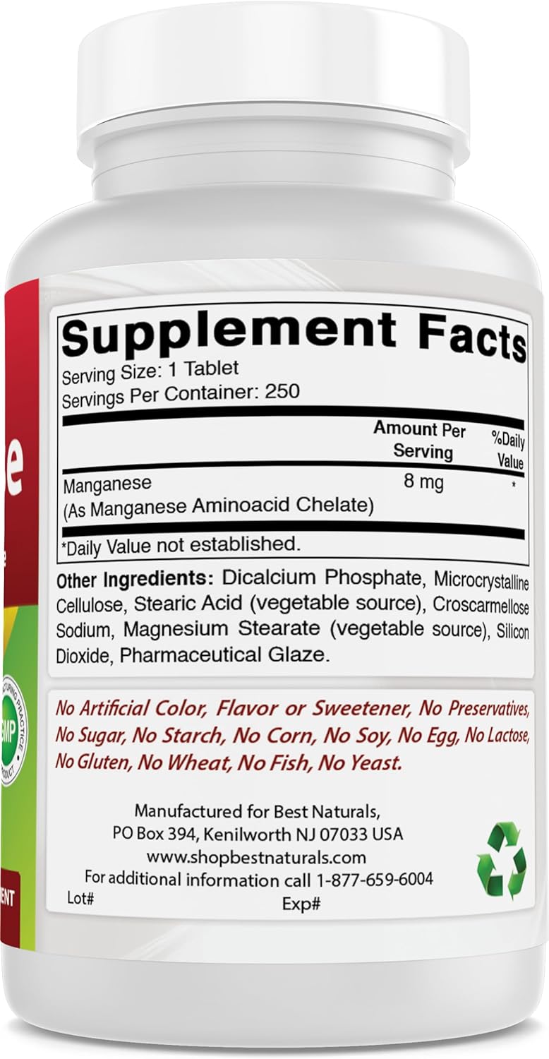 Best Naturals Manganese (Manganese Amino Acid Chelate) 8 mg- 250 Tablets Nirvana Guru
