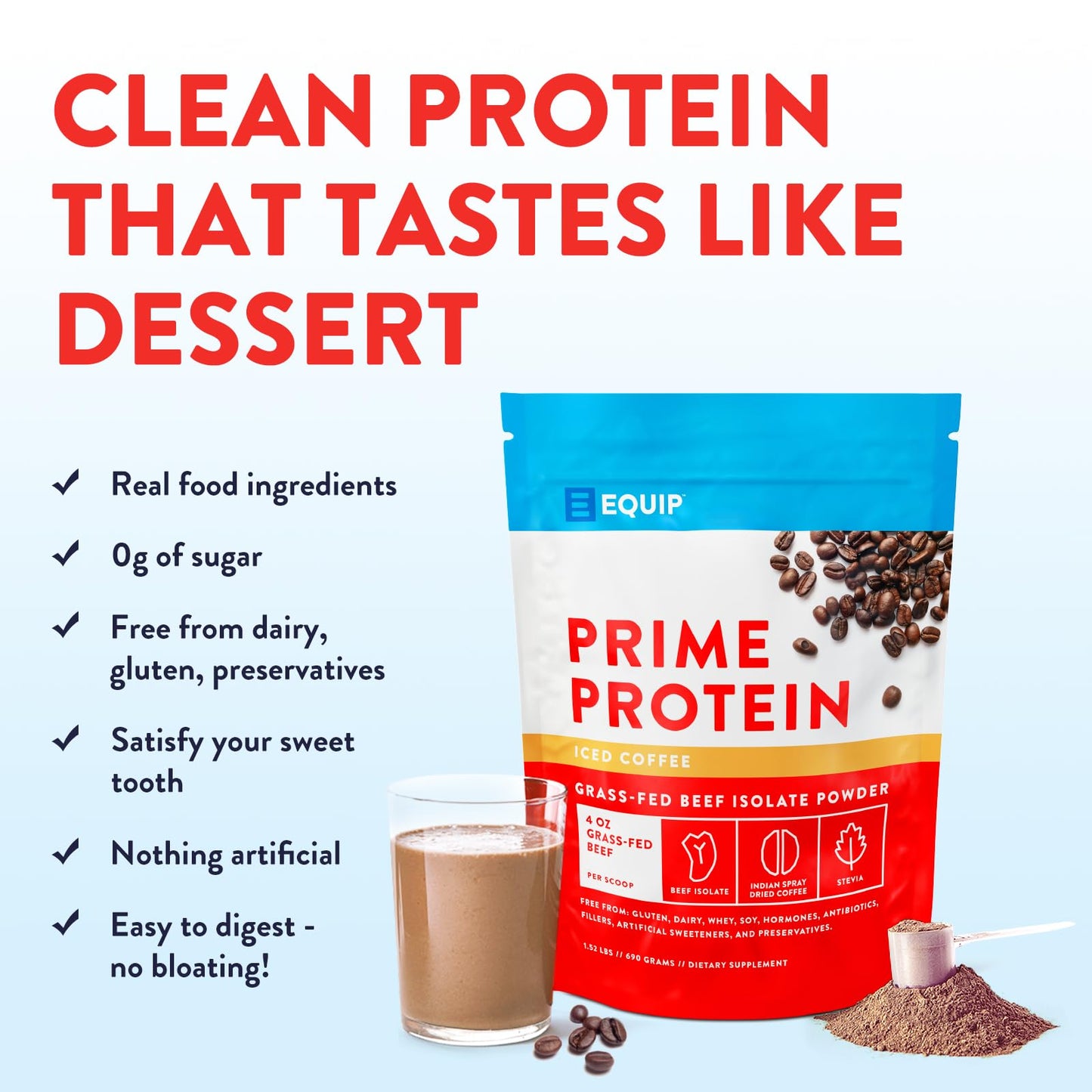Equip Foods Prime Protein Powder | Clean, Grass Fed Beef Protein Isolate | Carnivore Protein Powder | Paleo, Keto Friendly | Gluten, Dairy Free | Helps Build & Repair Tissue | 30 Servings, Chocolate