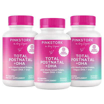 Pink Stork Total Postnatal Vitamins for Women with Vegan DHA, Iron, Folate, and Vitamin B12, Postpartum Recovery Essentials, Daily Supplement for Breastfeeding Moms - 1 Month Supply Nirvana Guru