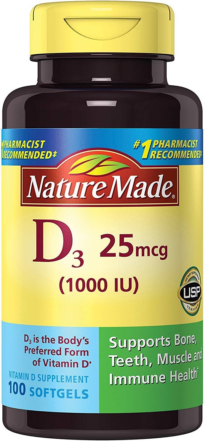 Nature Made Vitamin D3 1000 IU (25 mcg), Dietary Supplement for Bone, Teeth, Muscle and Immune Health Support, 300 Softgels, 300 Day Supply - Nirvana Guru