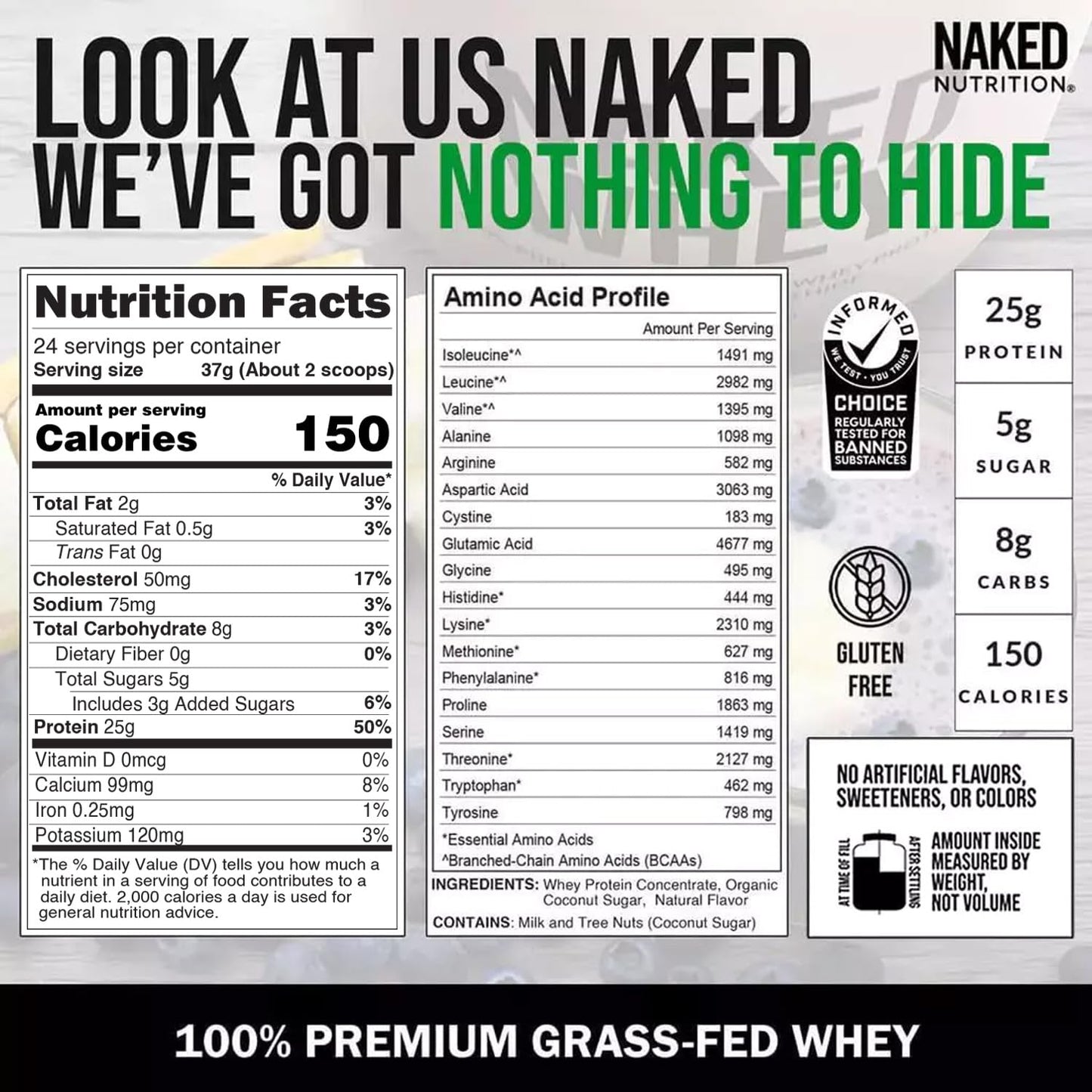 NAKED Whey Vanilla Protein Powder - Only 3 Ingredients - Grass Fed Whey Protein Powder, Vanilla Flavor, and Organic Coconut Sugar, No GMO, No Soy, and Gluten Free - 24 Servings