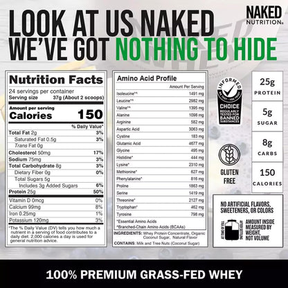 NAKED Whey Vanilla Protein Powder - Only 3 Ingredients - Grass Fed Whey Protein Powder, Vanilla Flavor, and Organic Coconut Sugar, No GMO, No Soy, and Gluten Free - 24 Servings