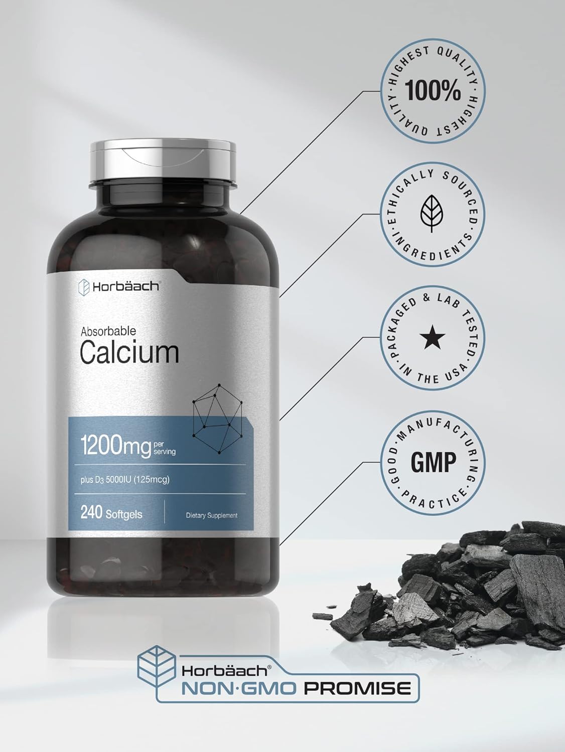Horbäach Calcium 1200 mg with Vitamin D3 | 240 Softgels | 5000 IU Vitamin D3 | Absorbable Calcium Supplement | Non-GMO, Gluten Free Calcium Supplement Nirvana Guru