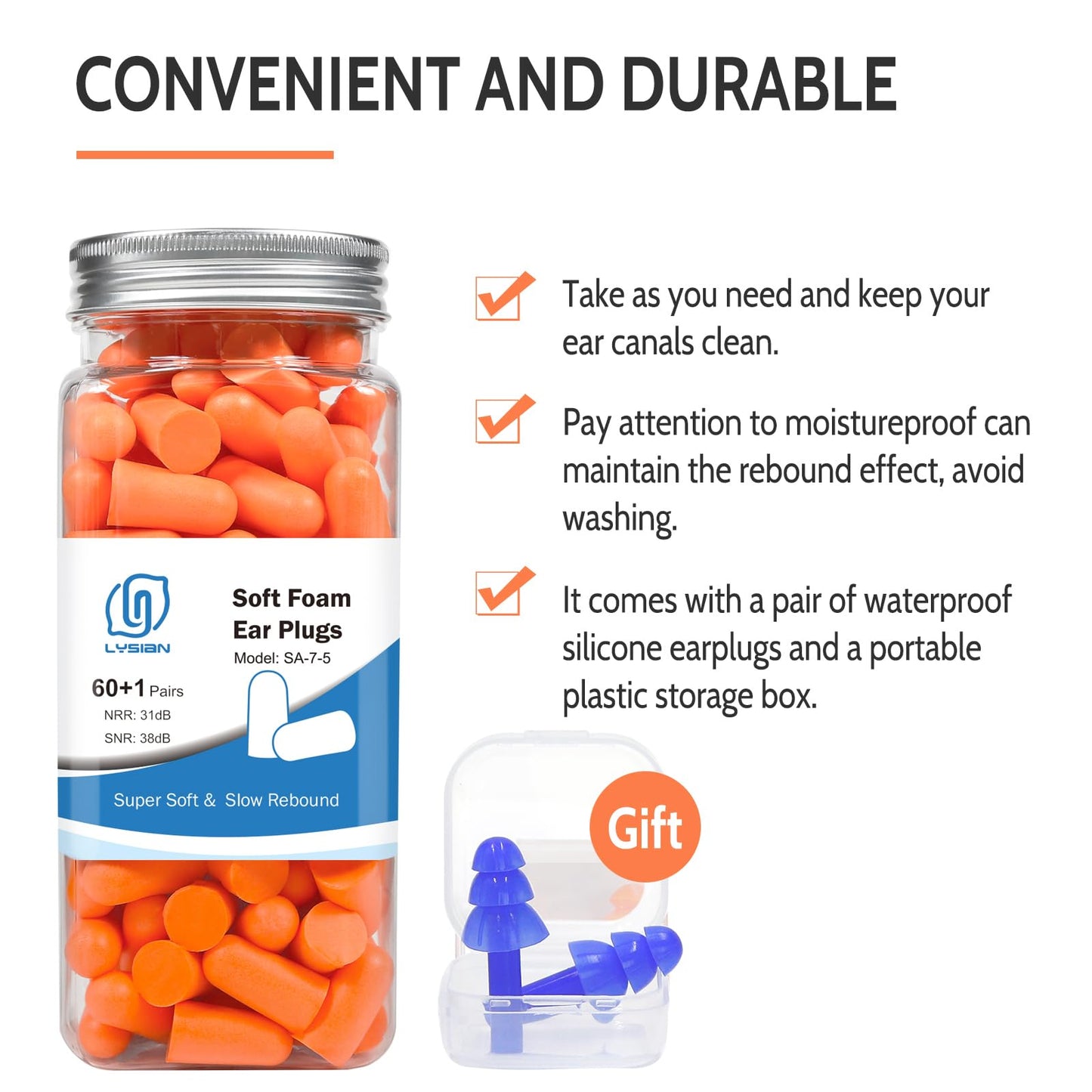 LYSIAN Ultra Soft Foam Earplugs Sleep, Noise Cancelling Ear Plugs for Sleeping, Shooting,Travel and Work-38dB SNR 31dB NRR Sound Blocking-60 Pairs Pack (Lake Blue)