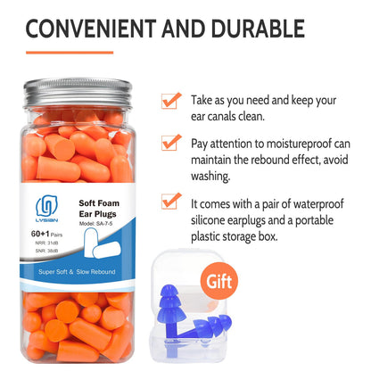 LYSIAN Ultra Soft Foam Earplugs Sleep, Noise Cancelling Ear Plugs for Sleeping, Shooting,Travel and Work-38dB SNR 31dB NRR Sound Blocking-60 Pairs Pack (Lake Blue)