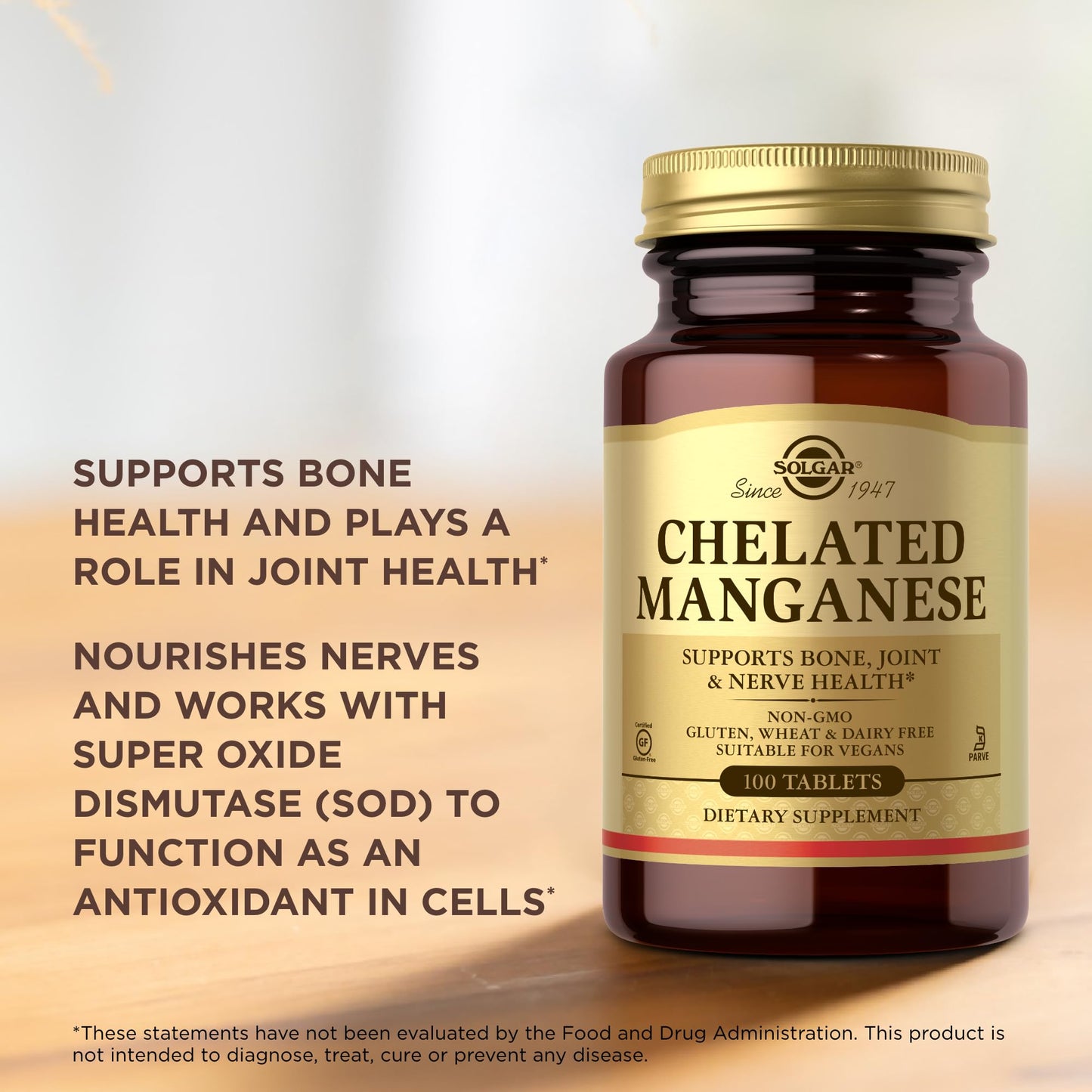 Solgar Chelated Manganese - 100 Tablets - Supports Bone, Joint & Nerve Health - Non-GMO, Vegan, Gluten Free, Dairy Free, Kosher - 100 Servings Nirvana Guru