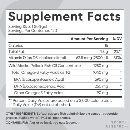 Sports Research® Alaskan Omega-3 Fish Oil 1040mg + Vitamin D3 2500iu - Supports Brain & Heart Health - MSC Certified Sustainable · Wild-Caught · Non-GMO · Triglyceride Form - 120 Count Softgels - Nirvana Guru