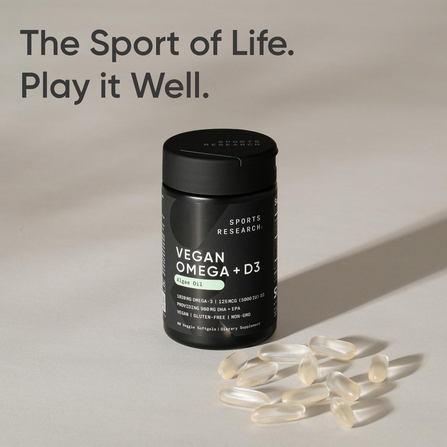 Sports Research Vegan Omega-3 Fish Oil Alternative from Algae Oil - Highest Levels of DHA & EPA Fatty Acids | Non-GMO Verified & Vegan Certified - Fresh Lemon Scent - 60 Veggie Softgels - Nirvana Guru
