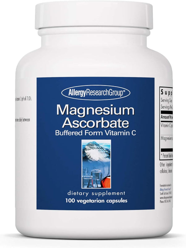 Allergy Research Group Magnesium Ascorbate Supplement - 1000mg Buffered Vitamin C, Immune Support, Magnesium Powder, Vegetarian Capsules - 100 Count Nirvana Guru