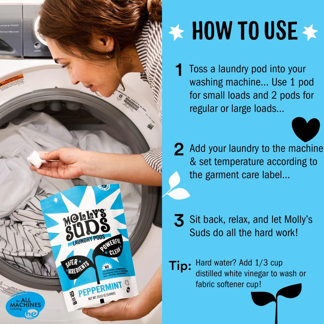 Molly's Suds Laundry Detergent Pods | Clean Detergent for Sensitive Skin | Ultra Concentrated and Stain Fighting | Peppermint - 120 Count (Value Pack) Nirvana Guru
