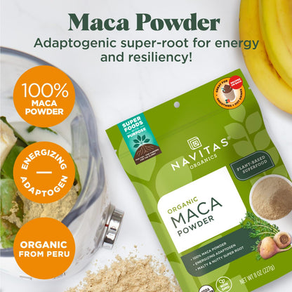 Navitas Organics Maca Powder – 100% Gelatinized Peruvian Maca for Adaptogen Smoothies, Lattes, Baking & More – Energize & Balance - USDA Organic, Non GMO, Vegan, Gluten Free (4oz. Bag, 23 Servings)