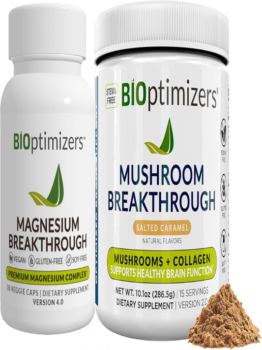 BiOptimizers Magnesium Breakthrough 4.0, (30 Capsules) & Mushroom Breakthrough Powder (Salted Caramel, 15 Servings) - Natural Sleep and Brain Superfood & Supplement Bundle Nirvana Guru