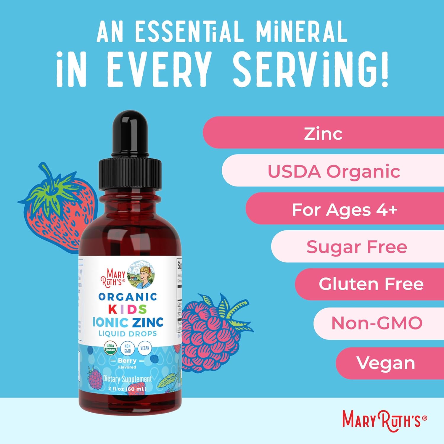 MaryRuth Organics Zinc Supplement for Immune Support, Immune Support Supplement for Kids, Ages 4-13, Zinc Sulfate, Vegan, USDA Organic, Glycerin Based, 2 Fl Oz - Nirvana Guru