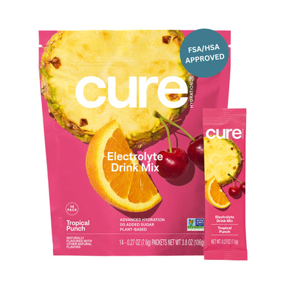 Cure Hydration | Plant-Based Electrolyte Drink Mix | No Added Sugar | FSA & HSA | Dehydration Relief Powder Made with Coconut Water | Non-GMO | Vegan | Pouch of 14 Packets - Berry Pomegranate