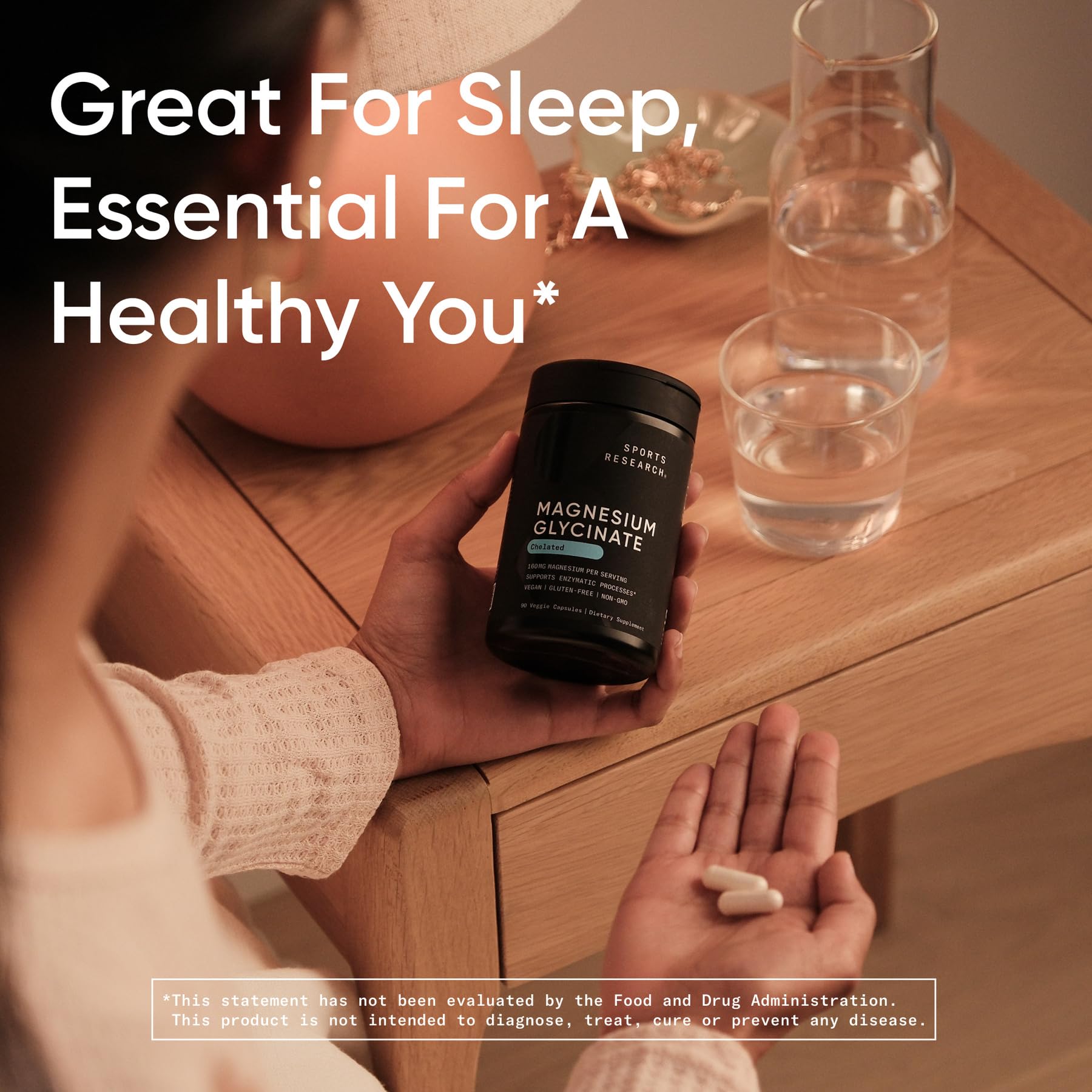 Sports Research® Magnesium Glycinate - Supports Restful Sleep & Enzymatic Processes - 160 mg Chelated Magnesium - Vegan Capsule - 90 Count - Nirvana Guru