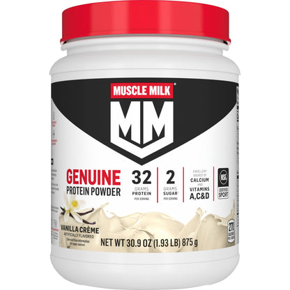 Muscle Milk Genuine Protein Powder, Chocolate, 1.93 Pounds, 13 Servings, 32g Protein, 2g Sugar, Calcium, Vitamins A, C & D, NSF Certified for Sport, Energizing Snack, Packaging May Vary Nirvana Guru