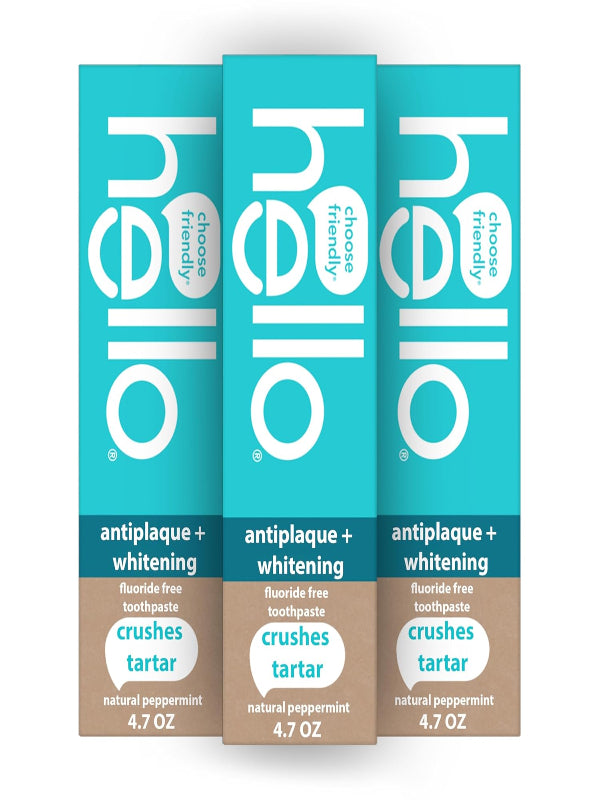 Hello Antiplaque Toothpaste, Fluoride Free for Teeth Whitening with Natural Peppermint Flavor and Tea Tree Oil, Peroxide Free, Gluten Free, SLS Free, 3 Pack, 4.7 OZ Tubes Nirvana Guru