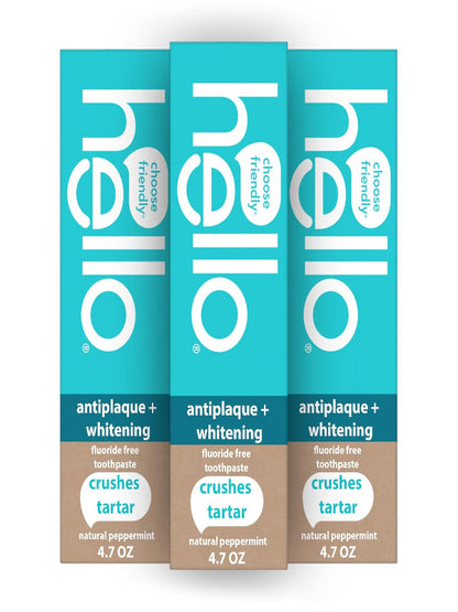 Hello Antiplaque Toothpaste, Fluoride Free for Teeth Whitening with Natural Peppermint Flavor and Tea Tree Oil, Peroxide Free, Gluten Free, SLS Free, 3 Pack, 4.7 OZ Tubes Nirvana Guru