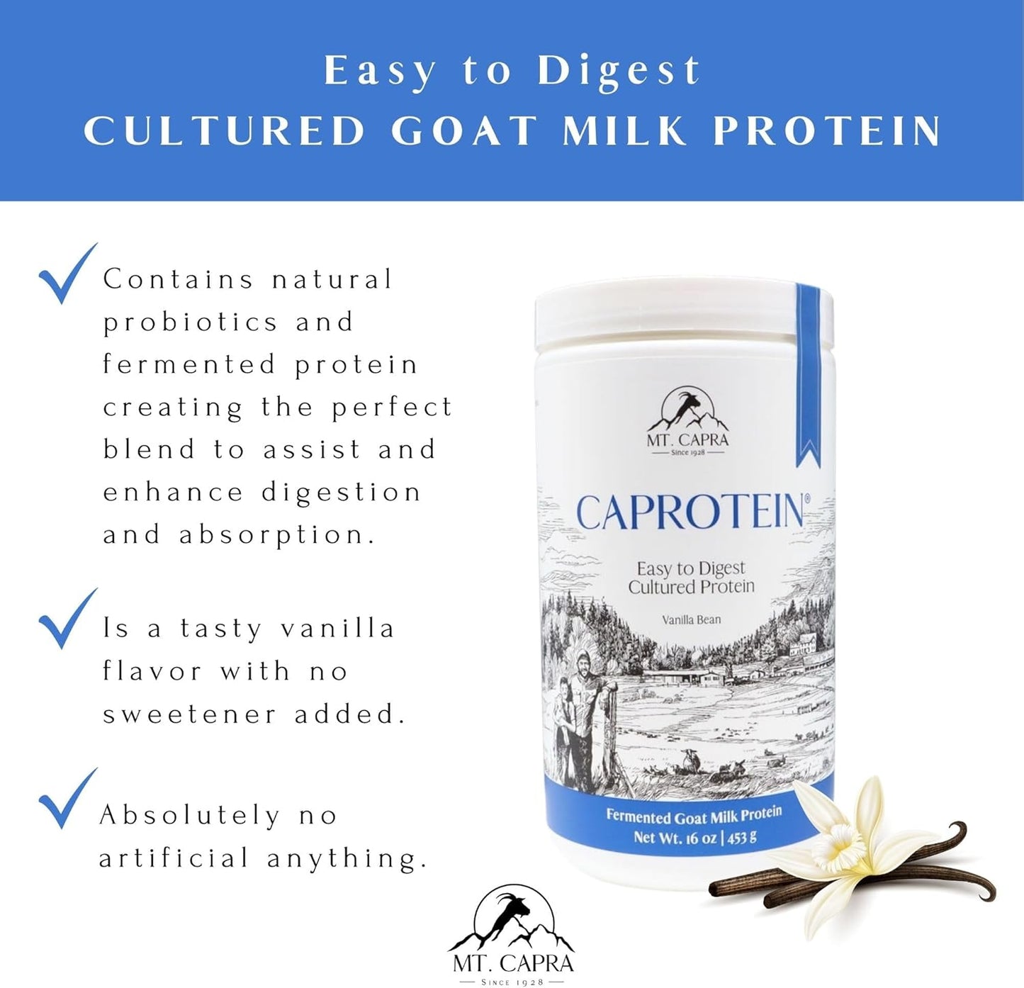 Mt. Capra Caprotein | Casein Protein Concentrate, Fermented Goat Milk Protein from Grass-Fed Pastured Goats, Extremely Easy to Digest | Vanilla Bean | 23 Servings - 16 oz - Nirvana Guru