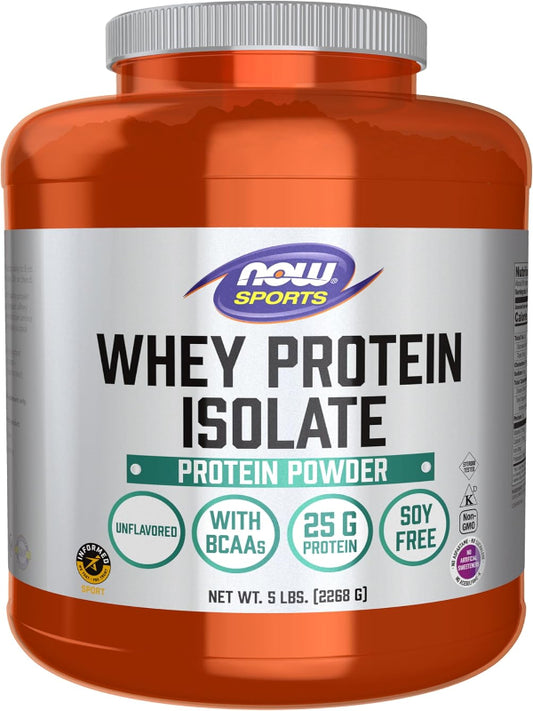 NOW Foods Sports Nutrition, Whey Protein Isolate, 25 g With BCAAs, Unflavored Powder, 5-Pound - Nirvana Guru