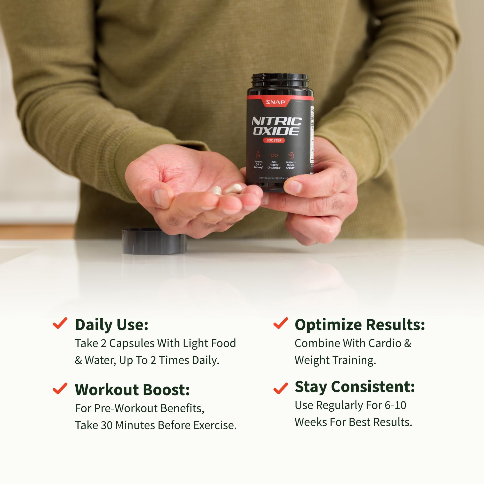 Snap Supplements Nitric Oxide Booster Supplement with L Arginine and L Citrulline Essential Amino Acids and Ginseng Root, Energy, Heart Health, Muscle Growth & Circulation Support, 90 Capsules - Nirvana Guru