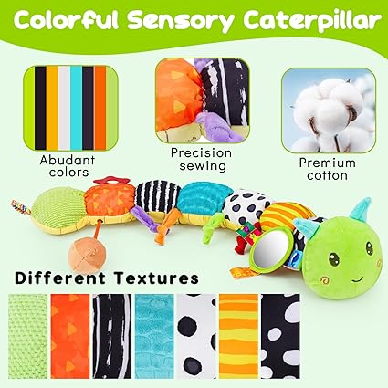Baby Sensory Toy 0-6 Month Music Animal Stuffed Plush Caterpillar Toy for Infant 0-3-6 Month Tummy Time with Baby Mirror Crinkle Rattle for 6-12 Month Carseat Toys for Newborn Boys Girls Shower Gifts nirvanaguru