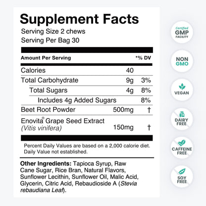 HumanN SuperBeets Heart Chews, Nitric Oxide and Blood Pressure Support, Grape Seed Extract & Non-GMO Beet Root Powder Energy, Pomegranate Berry Flavor, 120 Count - Nirvana Guru