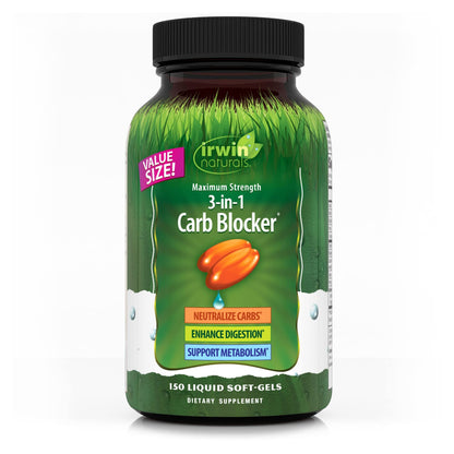 Irwin Naturals Maximum Strength 3-in-1 Carb Blocker - Neutralize Carbohydrates and Support Metabolism - 150 Liquid Softgels - Nirvana Guru