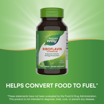 Nature's Way Riboflavin Vitamin B2, Supports Cellular Energy Production*, High Potency Riboflavin, 100 mg per Serving, 100 Capsules (Packaging May Vary) - Nirvana Guru