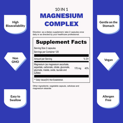 UpNourish Magnesium Supplement - 10 in 1 Magnesium Complex - Full Spectrum Magnesium Mineral Supplements with Glycinate, Citrate, Taurate, Malate, Carbonate, Oxide and More, 240 Vegan Capsules Nirvana Guru