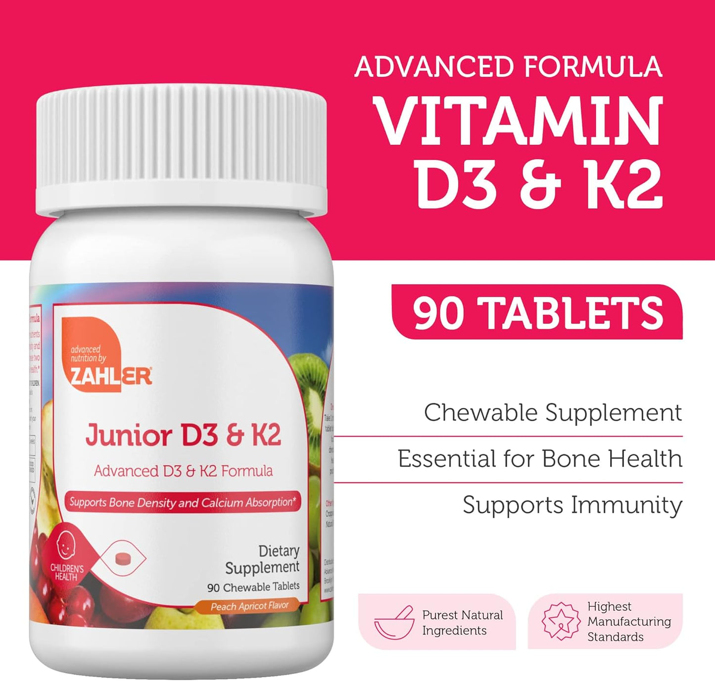 Zahler - Junior Vitamin D3 + K2 Chewable Tablets for Kids| Vitamin D for Kids 2000 IU | Delicious Vitamin D K2 Chews to Support Healthy Bones & Teeth - Kosher, Less Sugar Than Gummies (90 Count) - Nirvana Guru