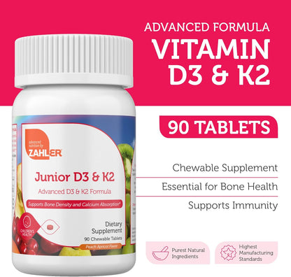 Zahler - Junior Vitamin D3 + K2 Chewable Tablets for Kids| Vitamin D for Kids 2000 IU | Delicious Vitamin D K2 Chews to Support Healthy Bones & Teeth - Kosher, Less Sugar Than Gummies (90 Count) - Nirvana Guru