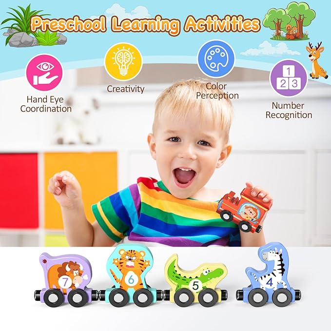 Toys for Toddlers, 11 Magnetic Wooden Animals Train Set, Montessori Toys for Toddlers, Preschool Learning Activities for Kids, Birthday Gifts for Boys, Girls nirvanaguru