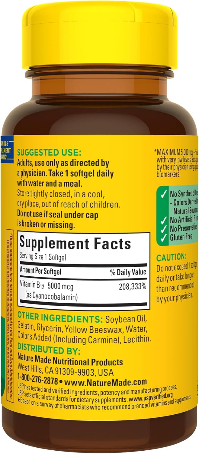 Nature Made Maximum Strength Vitamin B12 5000 mcg, Dietary Supplement for Energy Metabolism Support, 60 Softgels, 60 Day Supply - Nirvana Guru