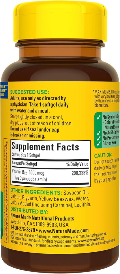Nature Made Maximum Strength Vitamin B12 5000 mcg, Dietary Supplement for Energy Metabolism Support, 60 Softgels, 60 Day Supply - Nirvana Guru