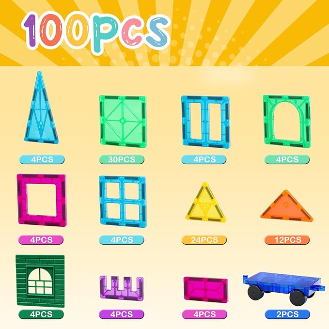 FNJO Magnetic Tiles, 100PCS Building Blocks, STEM Magnets Building Toy Set, Preschool Kindergarten Construction Stacking Toy, School Teacher Supplies, Classroom Must Haves Nirvana Guru